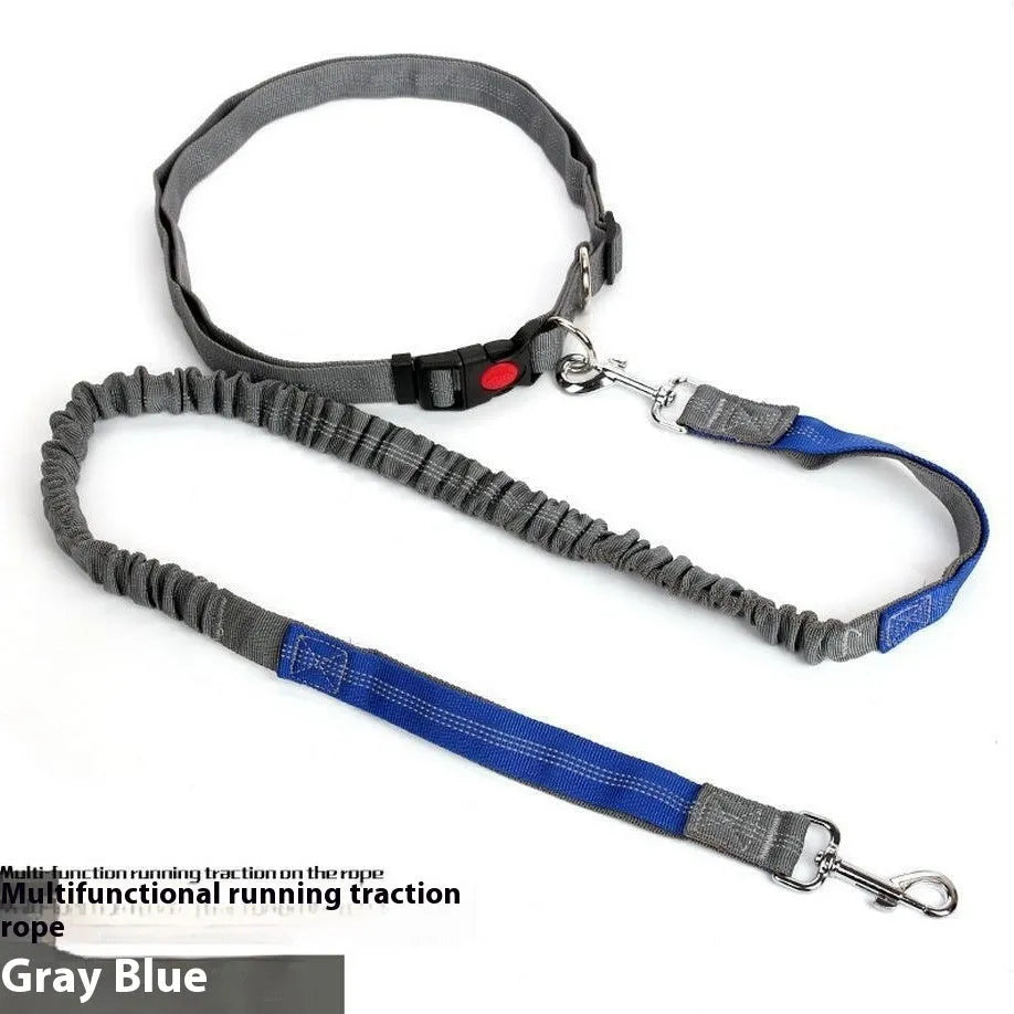 Grey and green two-tone nylon dog leash with reflective threads and an elastic section for outdoor running.
