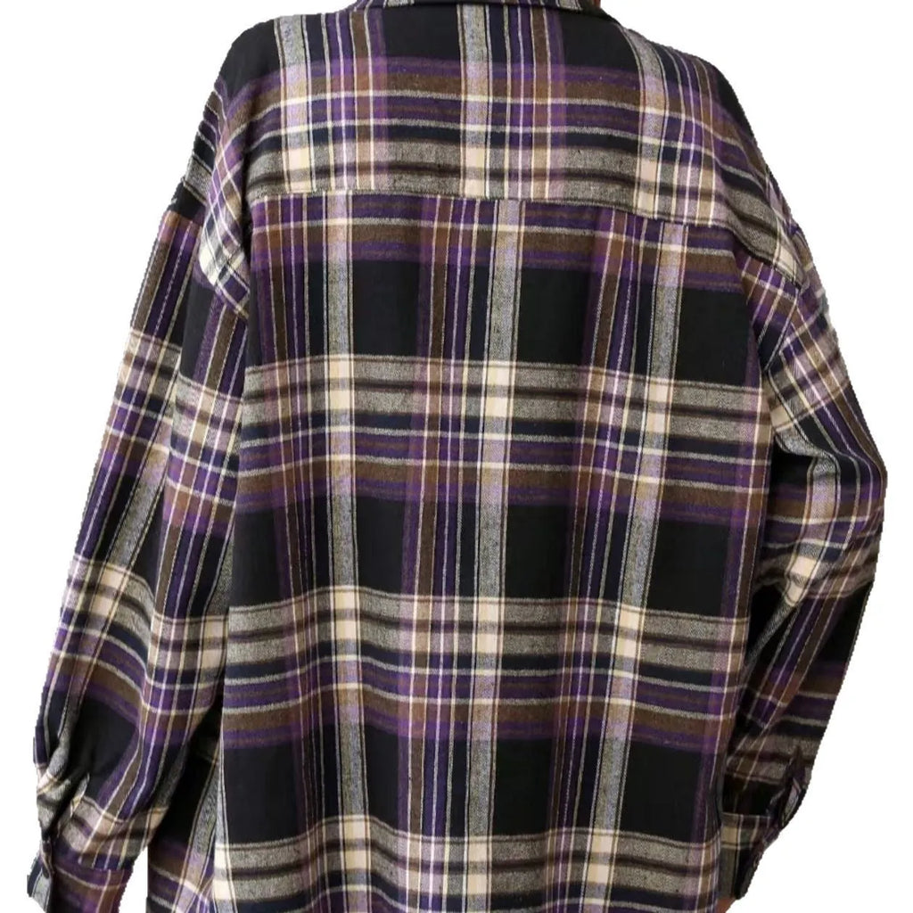 Women's loose fit long sleeve plaid shirt in cotton, shown in black, green, and purple colour options.