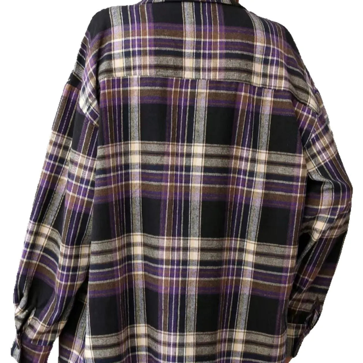 Women's loose fit long sleeve plaid shirt in cotton, shown in black, green, and purple colour options.
