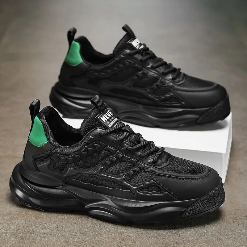 Men's solid colour breathable mesh trainers in black or white with round toe