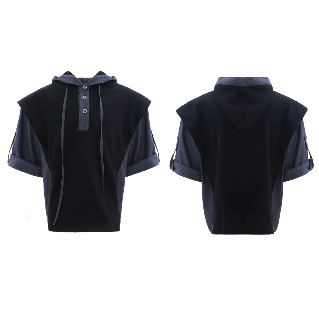 Men's black hooded sports leisure suit with three-dimensional stitching on jacket and trousers