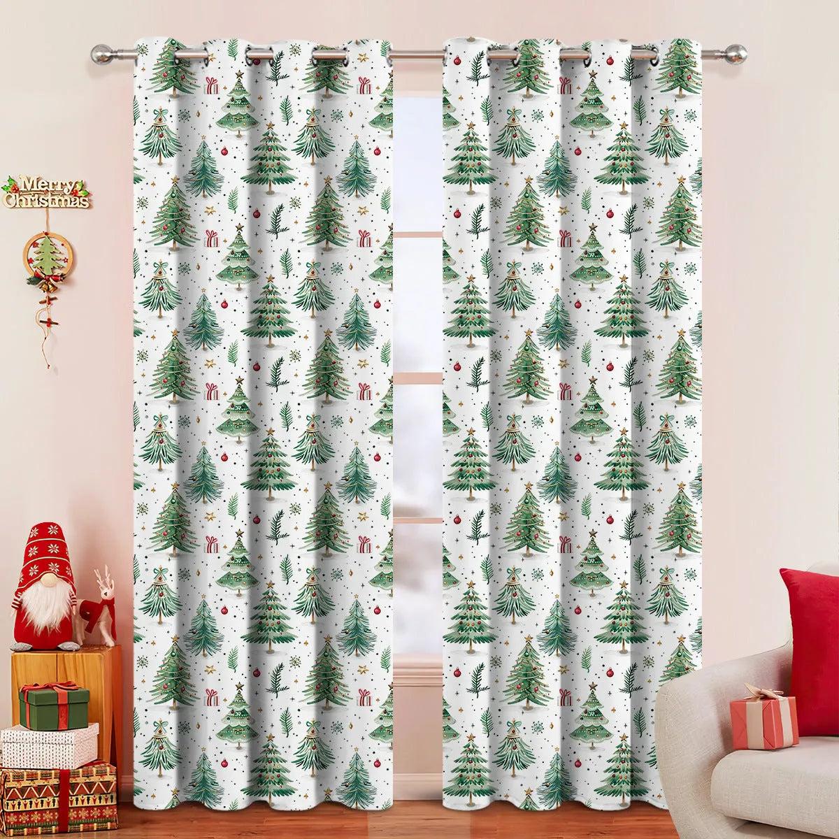 Christmas Forest patterned punching curtain made of polyester fabric for window sunshade.