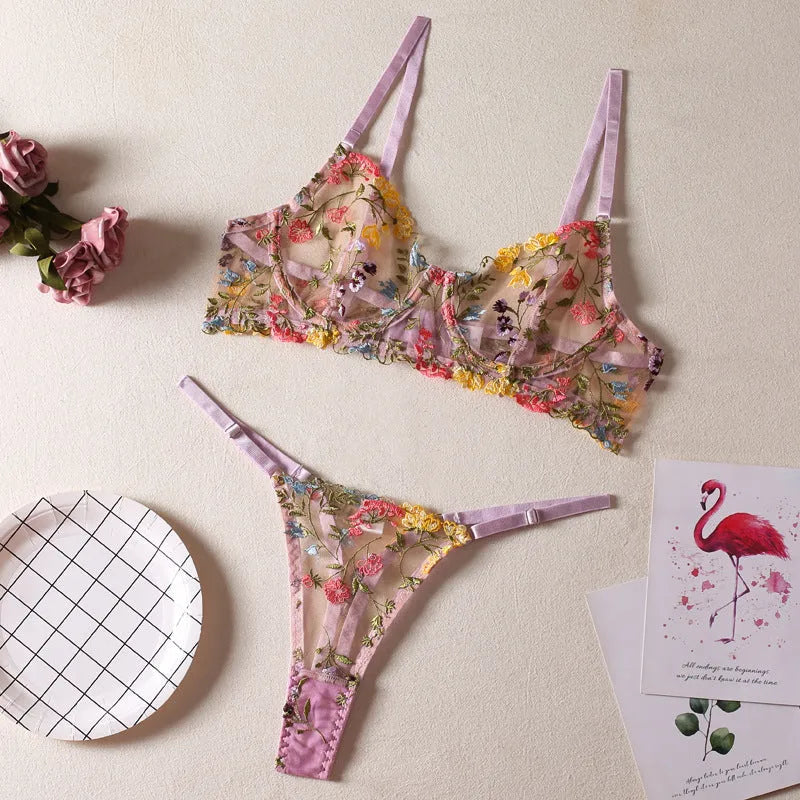 Floral mesh bra set with steel ring T-back design in multiple colours