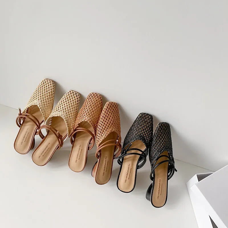 Women's black French retro square toe slippers with hollow-out design and chunky mid heel