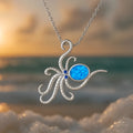 Silver geometric octopus necklace with genuine opal inlay on stainless steel box chain