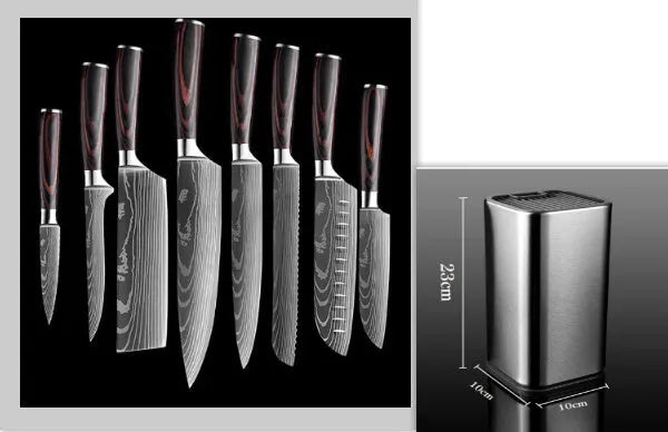 Chef knife with laser Damascus pattern on 7CR17 steel blade and colour steel handle.