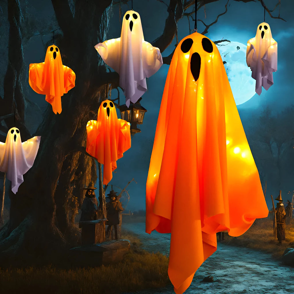 White and orange cloth ghost scream Halloween light with 4.5V button electronics for indoor party decorations