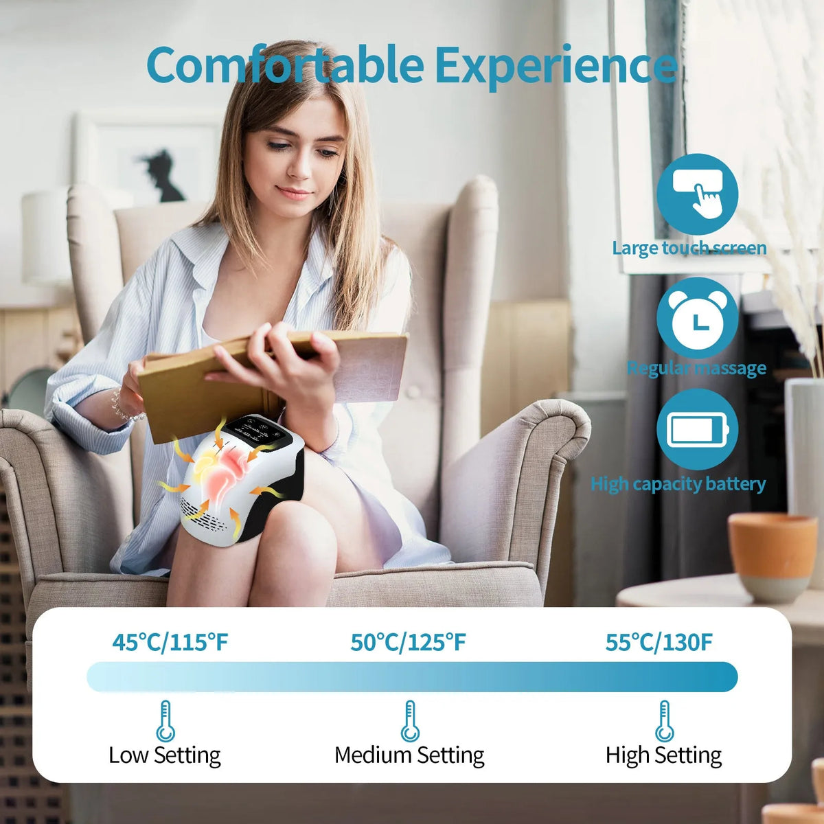 White rechargeable electric knee massager showing wrap design for infrared heat and vibration therapy.