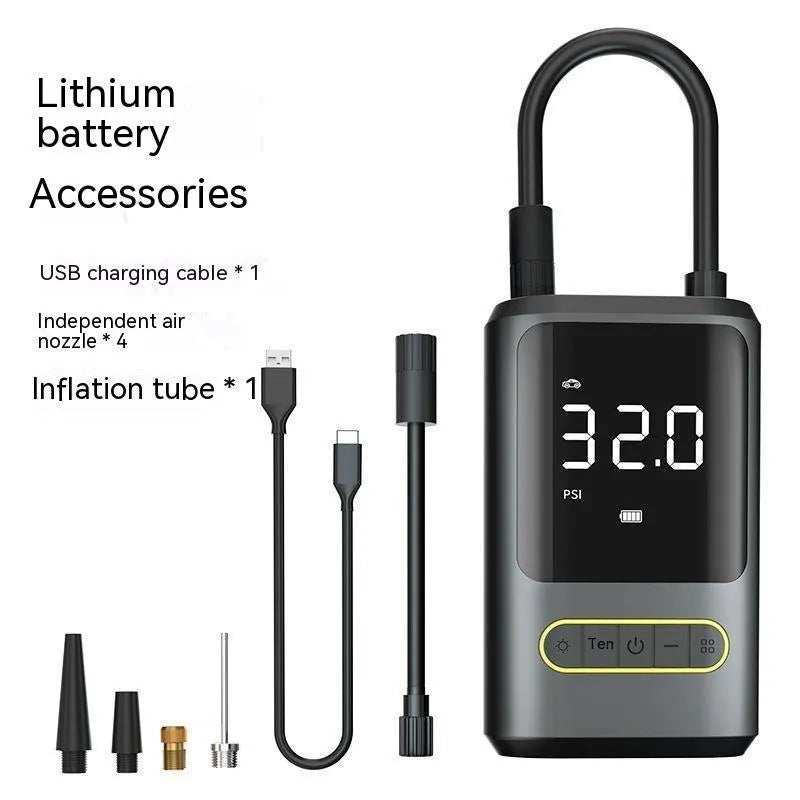 Handheld wireless digital car air pump with display screen, lithium battery power and multiple air nozzles