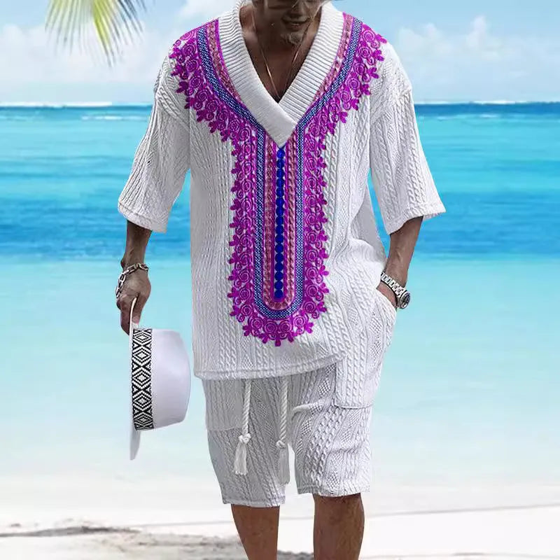 Men's printed drop-shoulder knitted short sleeve top and shorts suit set in chemical fibre blend