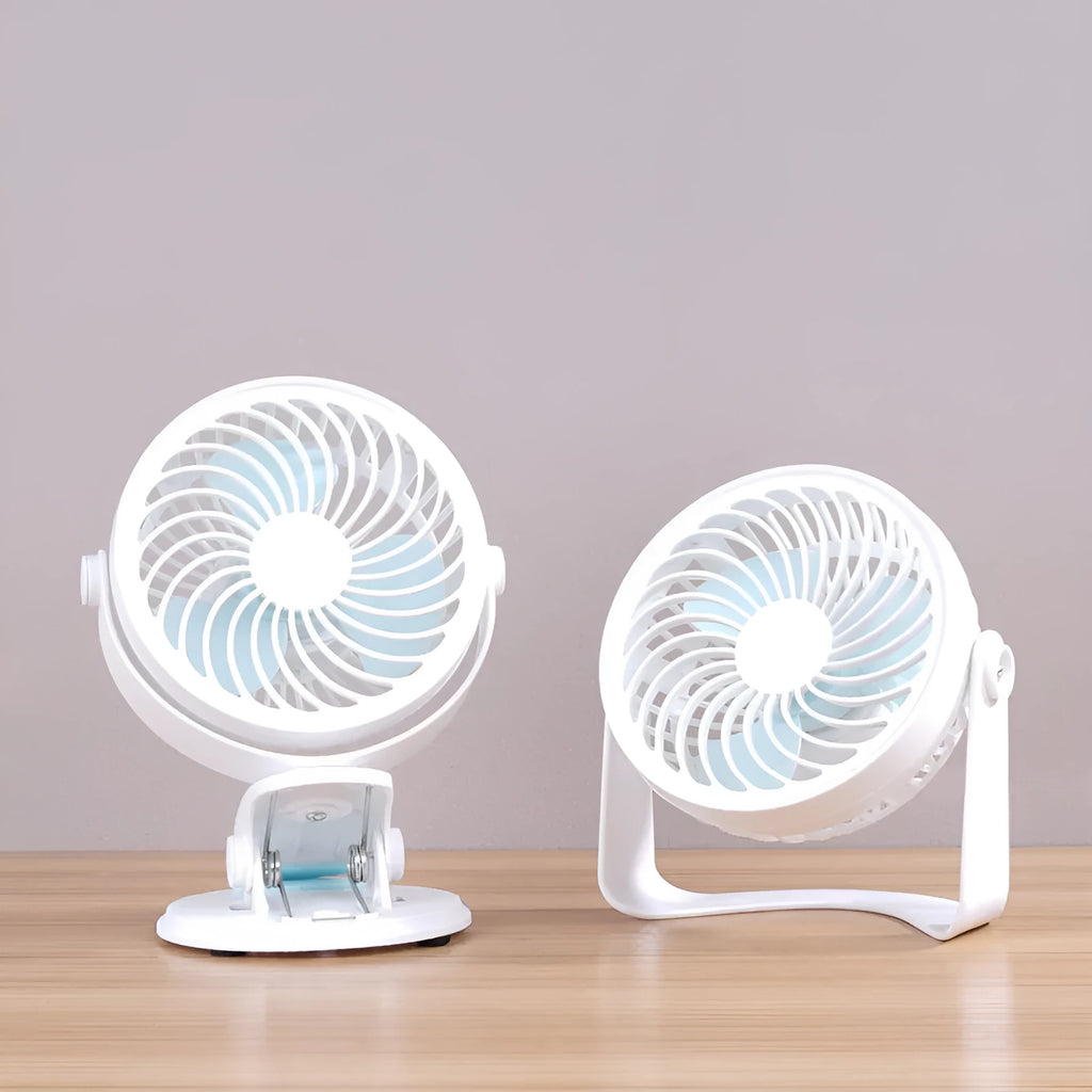 USB desktop fan with clip and floor base options showing compact 19cm design for quiet office or dormitory use