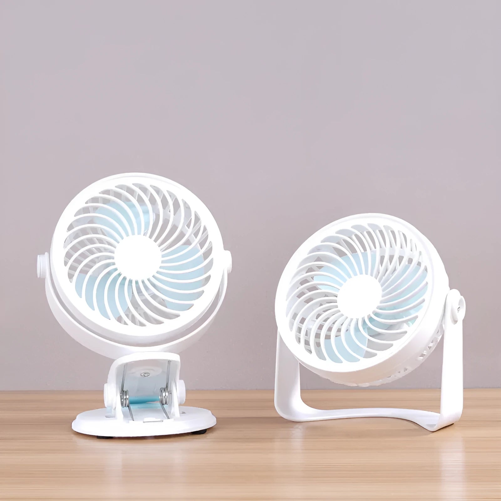 USB desktop fan with clip and floor base options showing compact 19cm design for quiet office or dormitory use