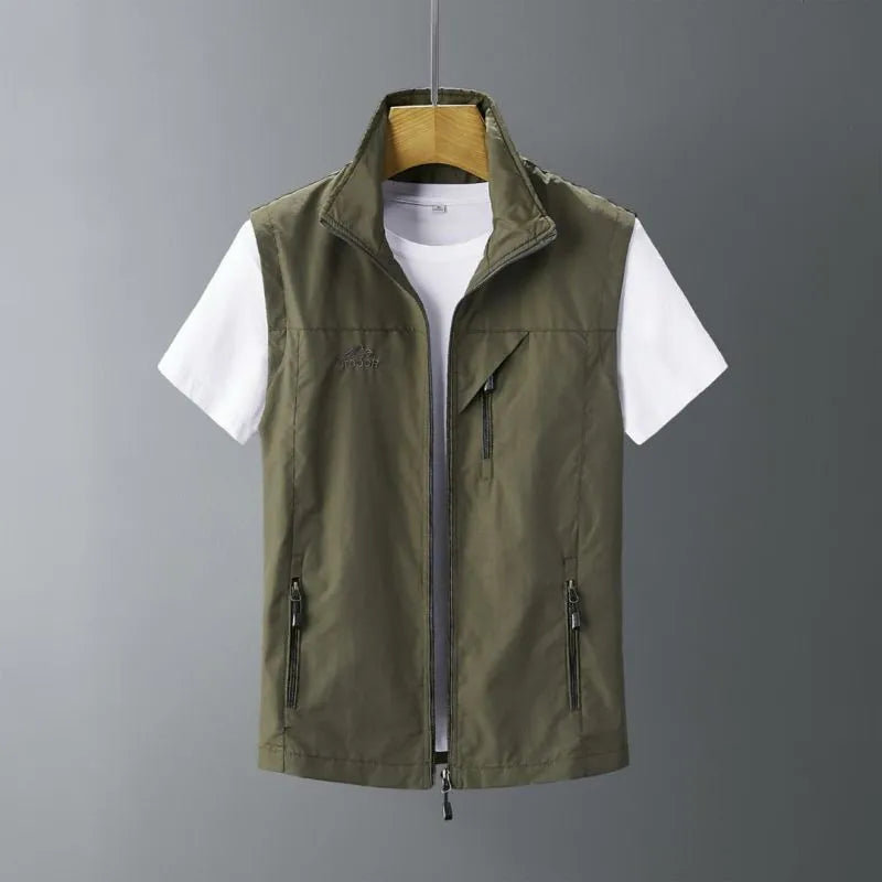 Men's slim-fit hooded vest waistcoat in rabbit fur fabric, shown in army green colour.
