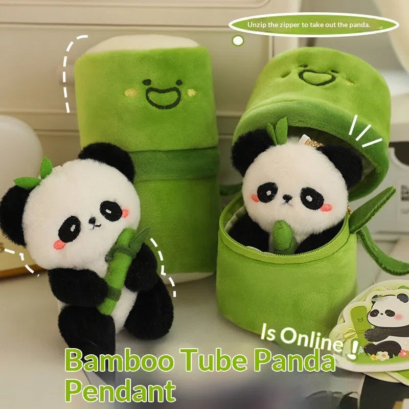 Bamboo panda plush pendant 10cm and larger 25cm flower panda and 30cm hugging panda in green
