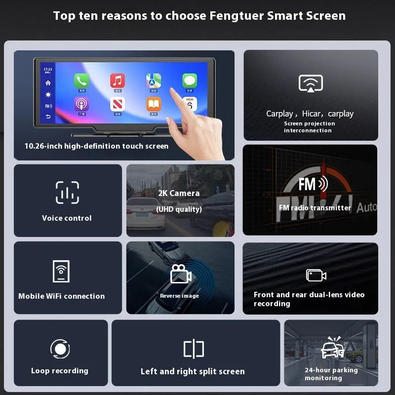 10-inch car smart screen with CarPlay navigation and driving recorder functions