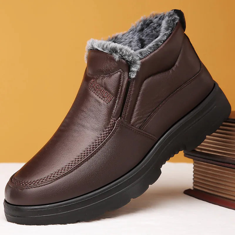 Men's black winter slip-on shoes with fleece lining and a non-slip rubber sole