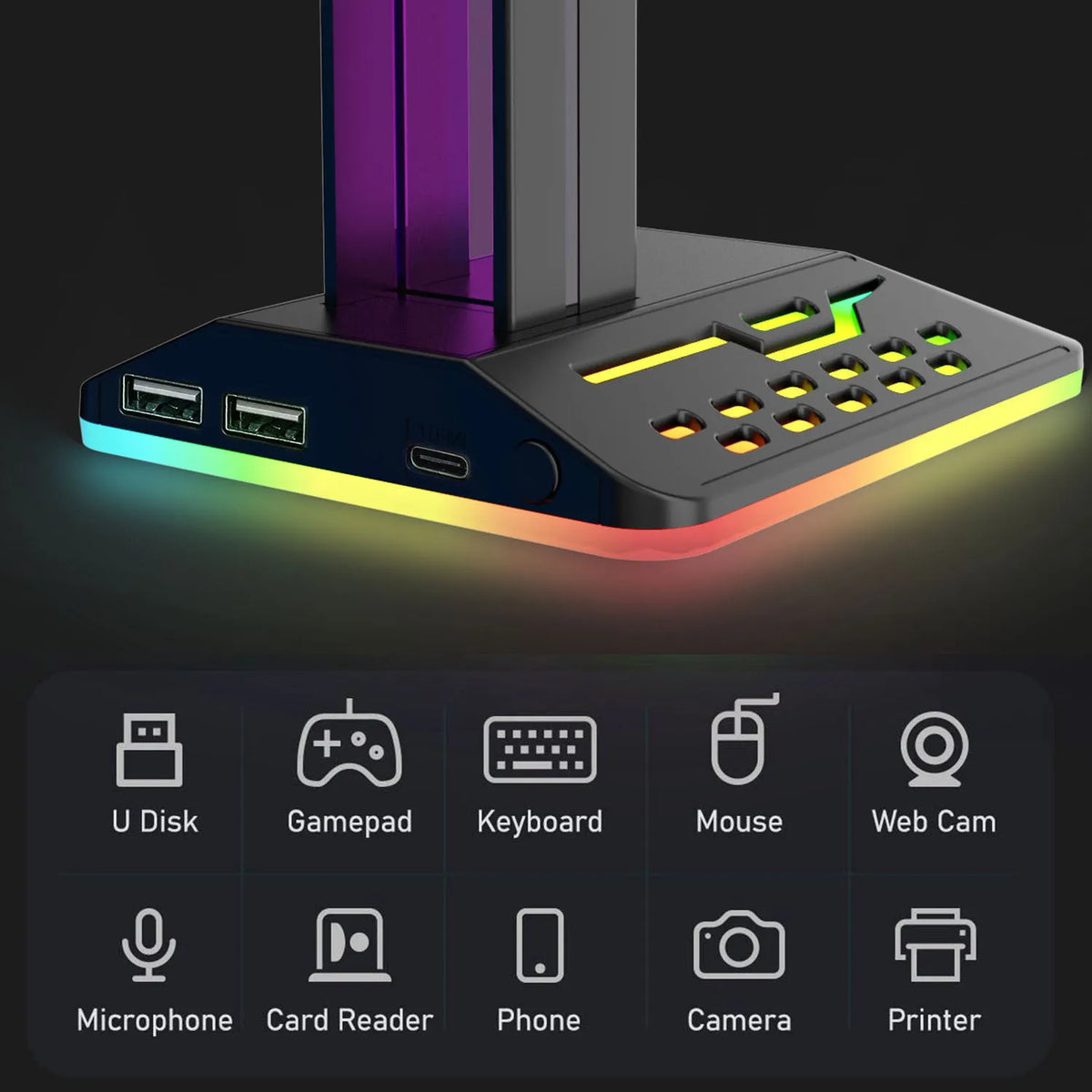 RGB headset bracket with dual USB ports and colour-changing LED lighting on a desk