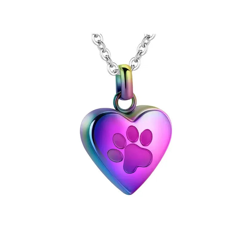Openable titanium steel heart pendant necklace with engraved paw print for ashes.