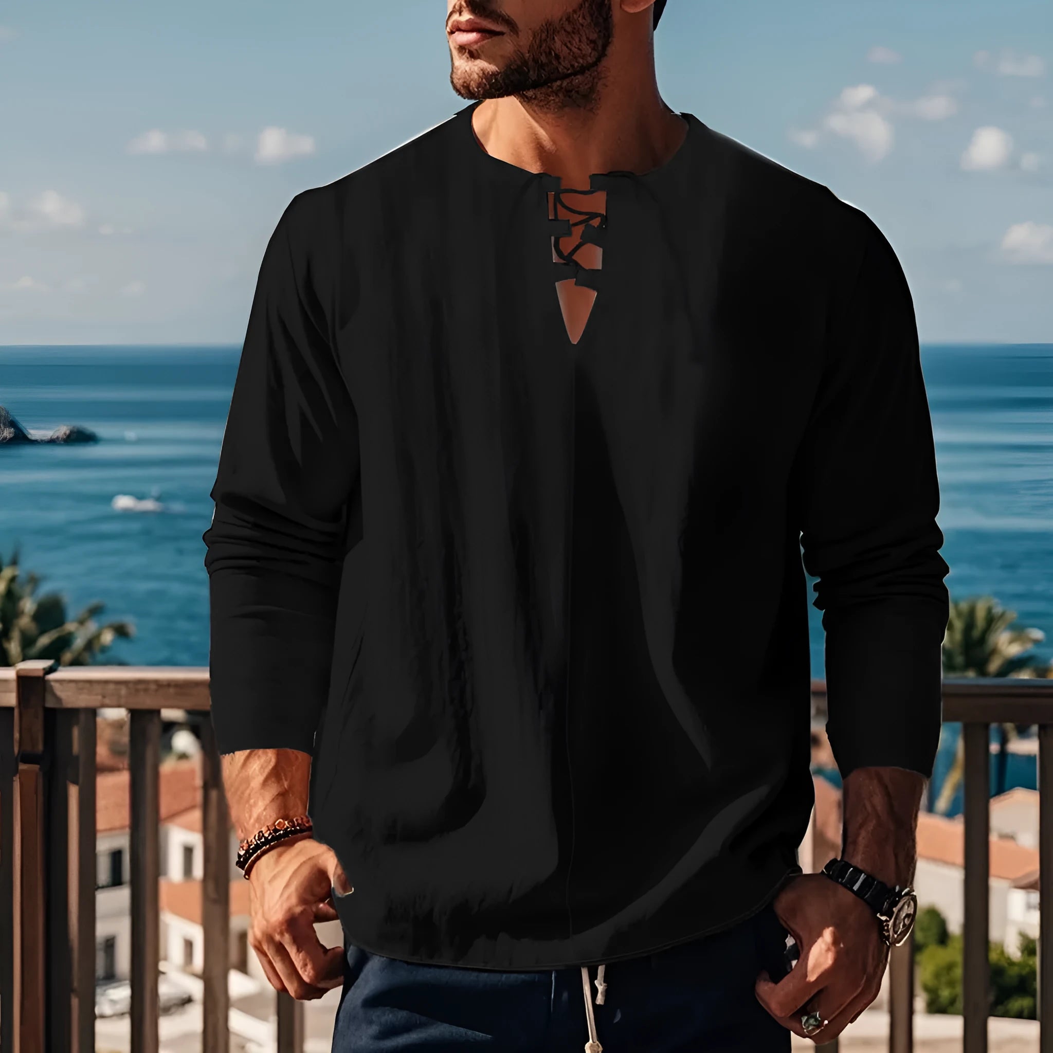 Cotton linen blend beach ruff shirt in loose pullover style available in multiple solid colours