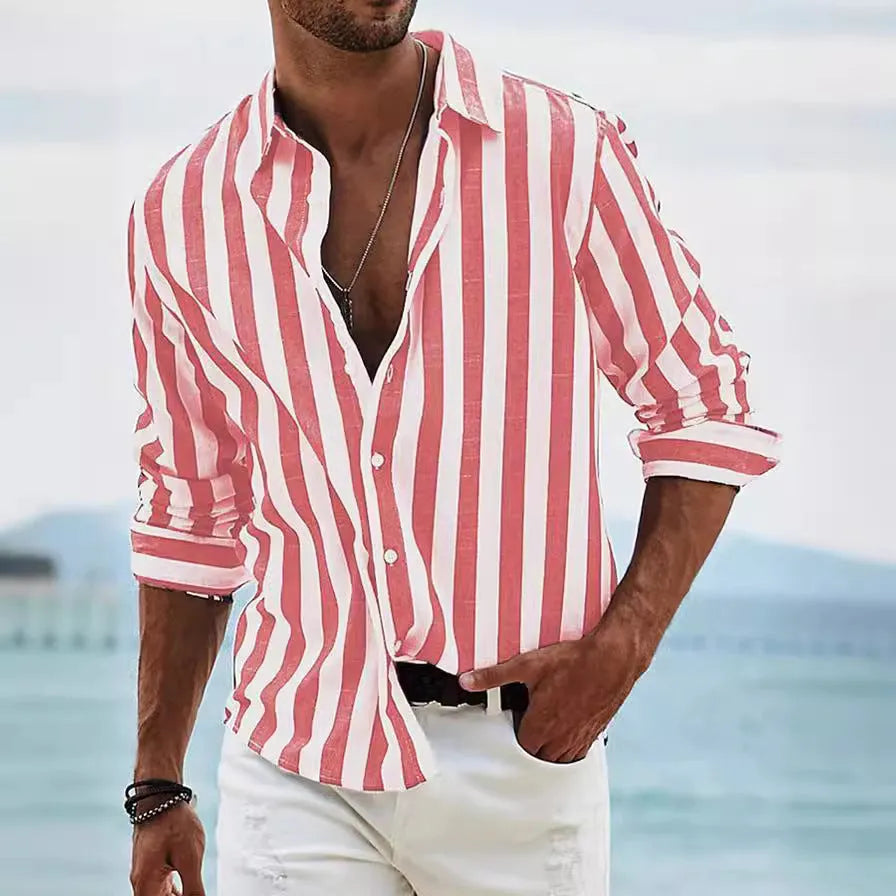 Men's yarn-dyed striped casual shirt loose fit long sleeve British style cardigan polyester
