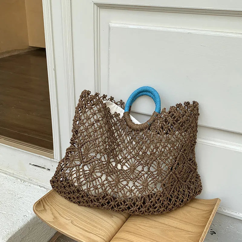 Handmade paper grass straw bag, square vertical, dark brown, 44cm wide, 36cm high, 10cm handle, polyester lining