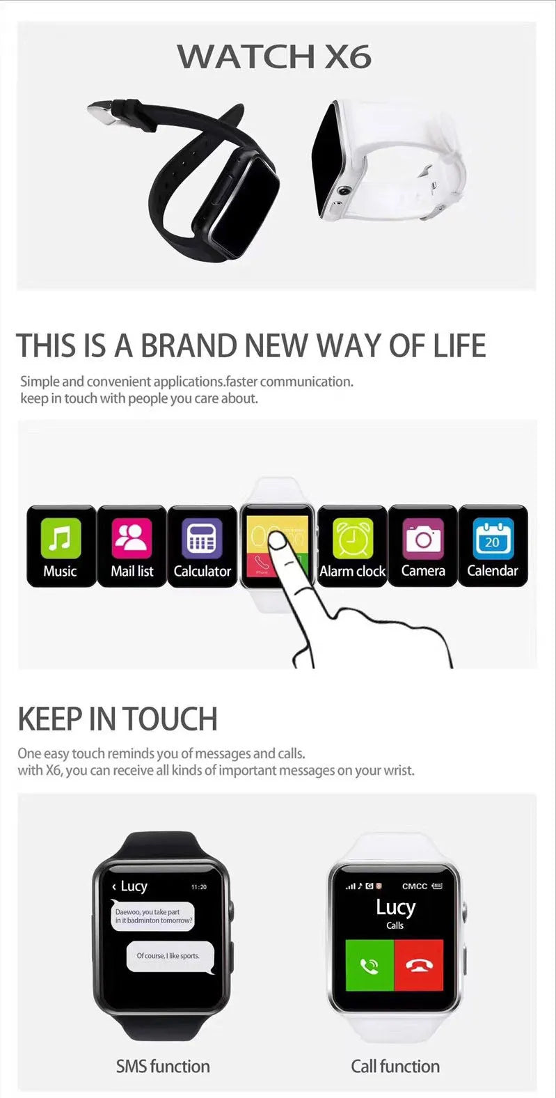 Black smart watch with 1.54 inch touch screen and silicone strap on a wrist