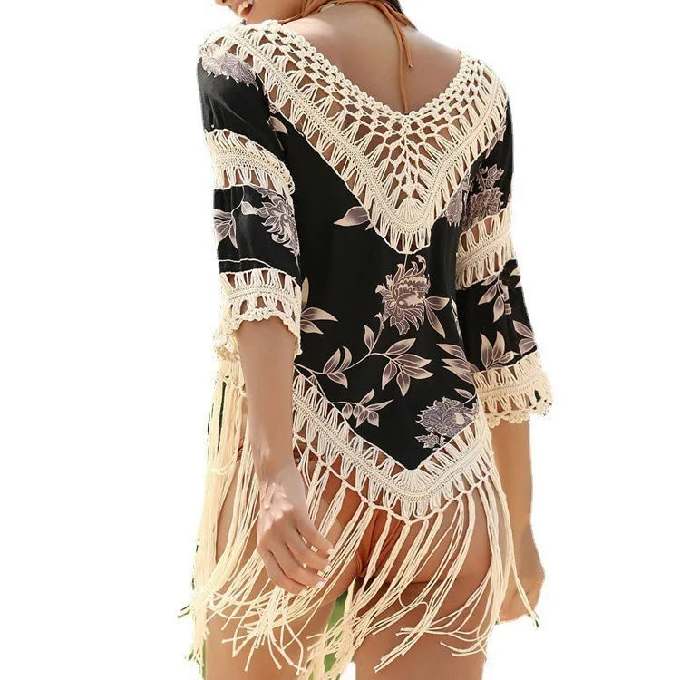 Women's apricot coloured V-neck sun protection shirt with hollow-out sleeves for beachwear.