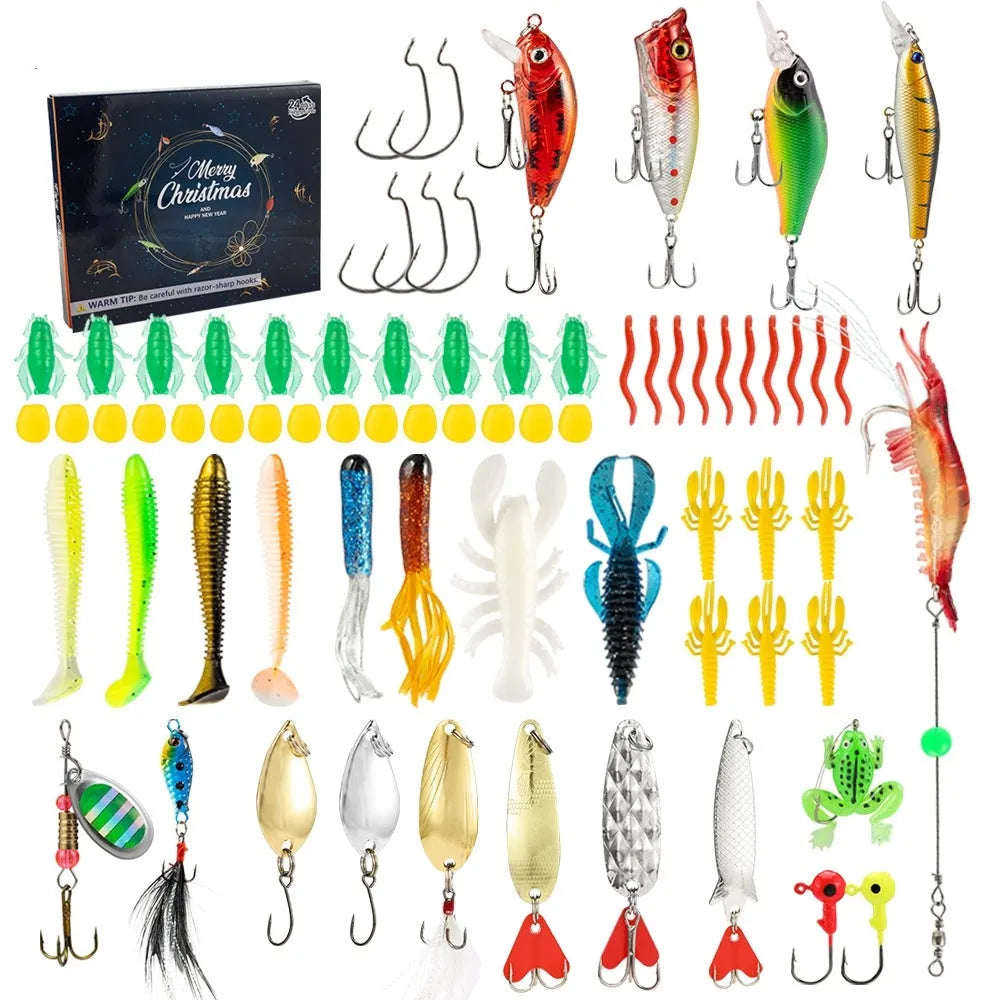 Christmas minnow bog fishing set with 24 metal lures in assorted styles and finishes