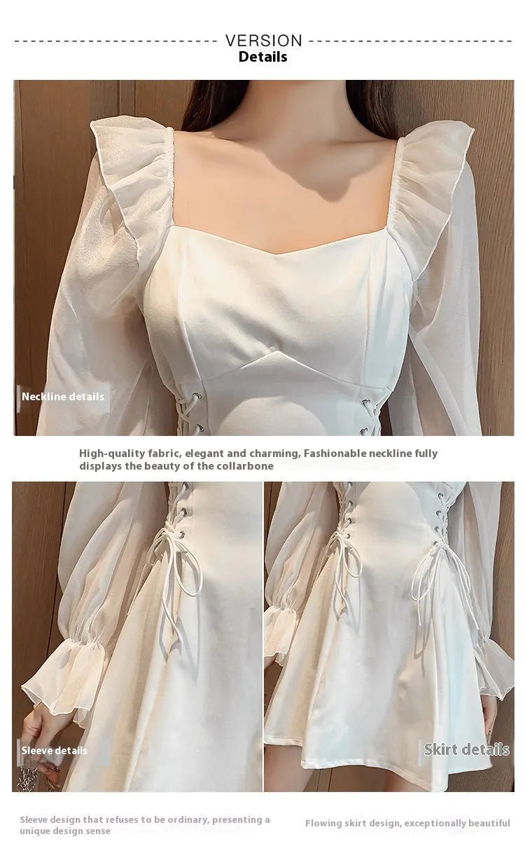 White long sleeve dress with chiffon patchwork detail and waist-slimming cut for women