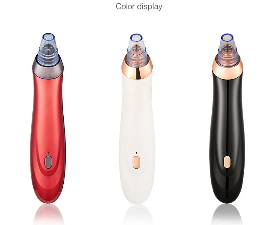 Black electric blackhead remover device with vacuum suction function and different coloured nozzles.