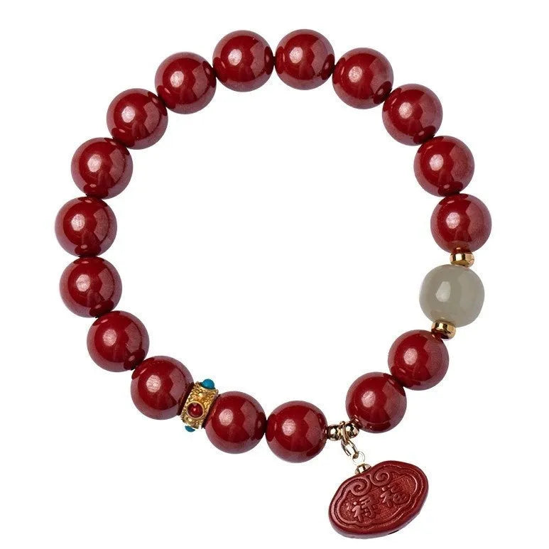 Natural cinnabar emperor sandstone Ping An Fu Lu bracelet for birth year protection in 8mm or 10mm bead size