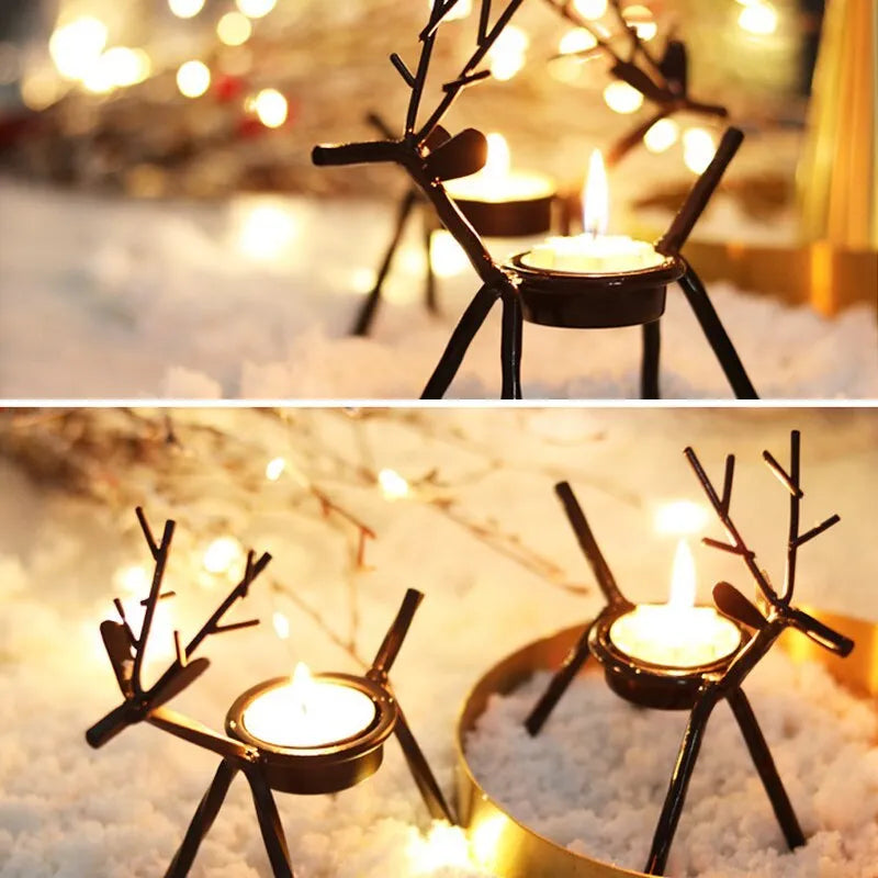 Black iron Christmas deer candlestick holder with elk bracket design for festive table decoration