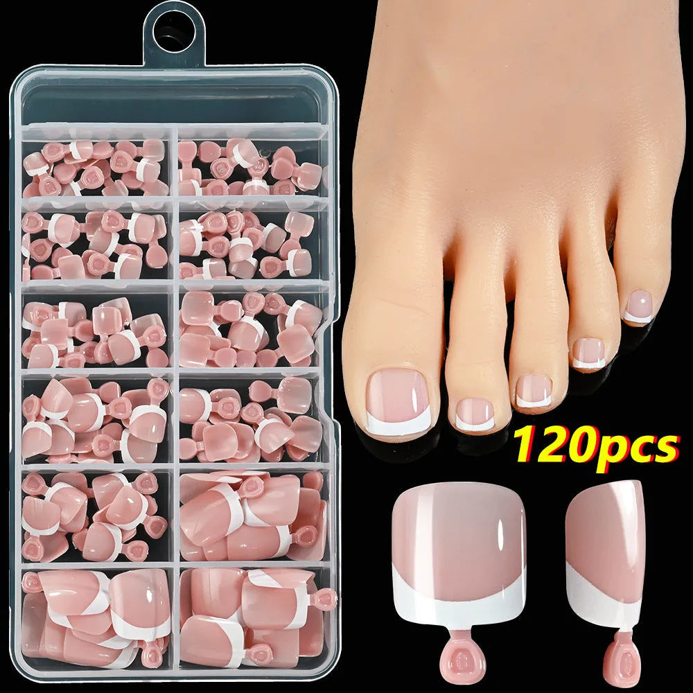 Box of 120 square short false nail pieces with French white edge design in nude colours