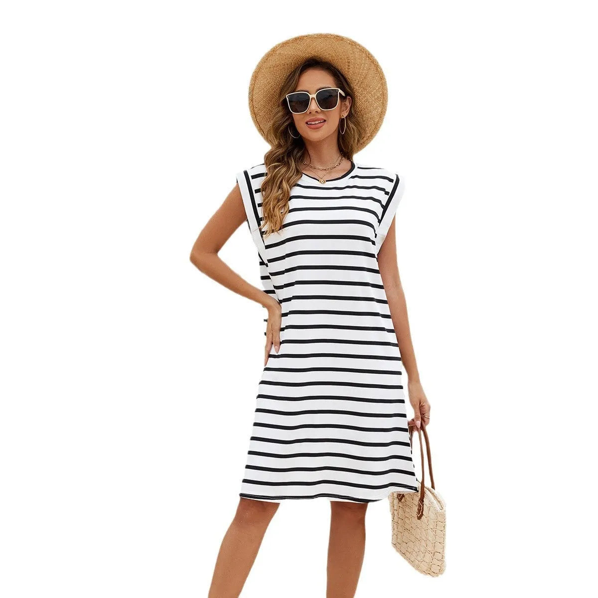 Black and white striped polyester beach cover-up blouse for women