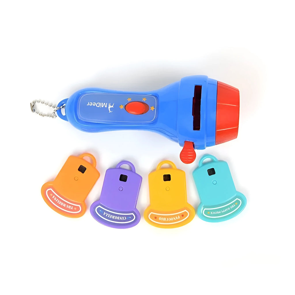 SmartKids storybook projector torch with four discs projecting fairy tale images on a wall