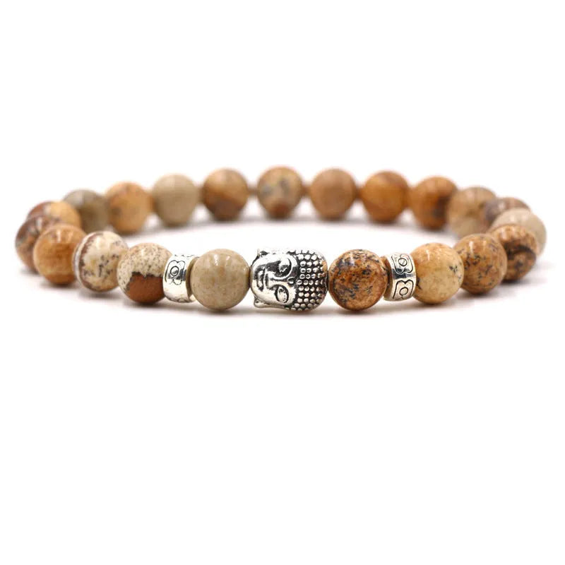 Natural stone stretch bracelet with Tigereye Buddha head charm and 8mm beads.
