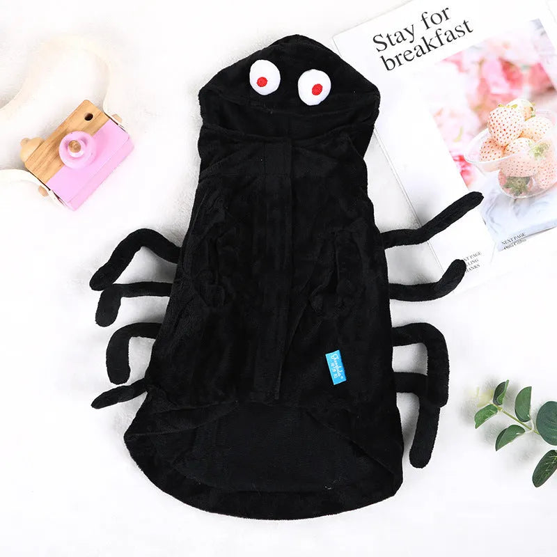 Dog wearing Halloween spider costume with black spider pattern on polyester fabric