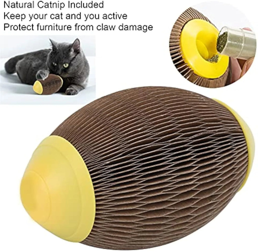 Elliptical corrugated paper catnip football toy measuring 65mm by 108mm