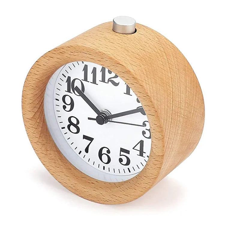 Solid beech wood silent snooze alarm clock with 4-inch dial on wooden surface