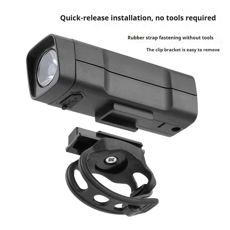 USB rechargeable bicycle headlight with quick release strap mounting on handlebars