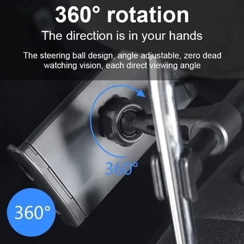 Black car phone holder attached to vehicle rear seat base with universal bracket holding tablet