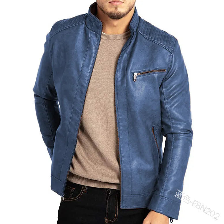 Men's brown polyester artificial leather punk motorcycle jacket with stand collar and patch pockets
