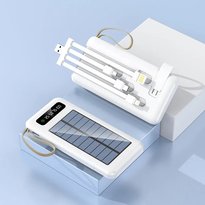 Cool black solar power bank with integrated solar panel showing capacity label and USB port.
