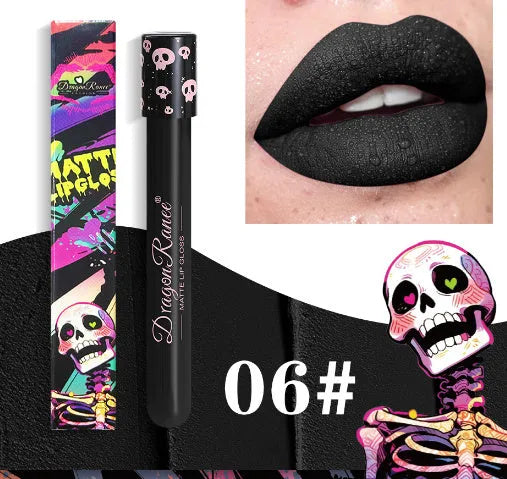 DR160 retro matte lip gloss tube for Halloween makeup in waterproof formula.
