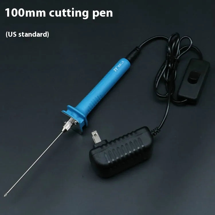 Blue handled electric heating foam cutter pen with a selection of different length metal blades.