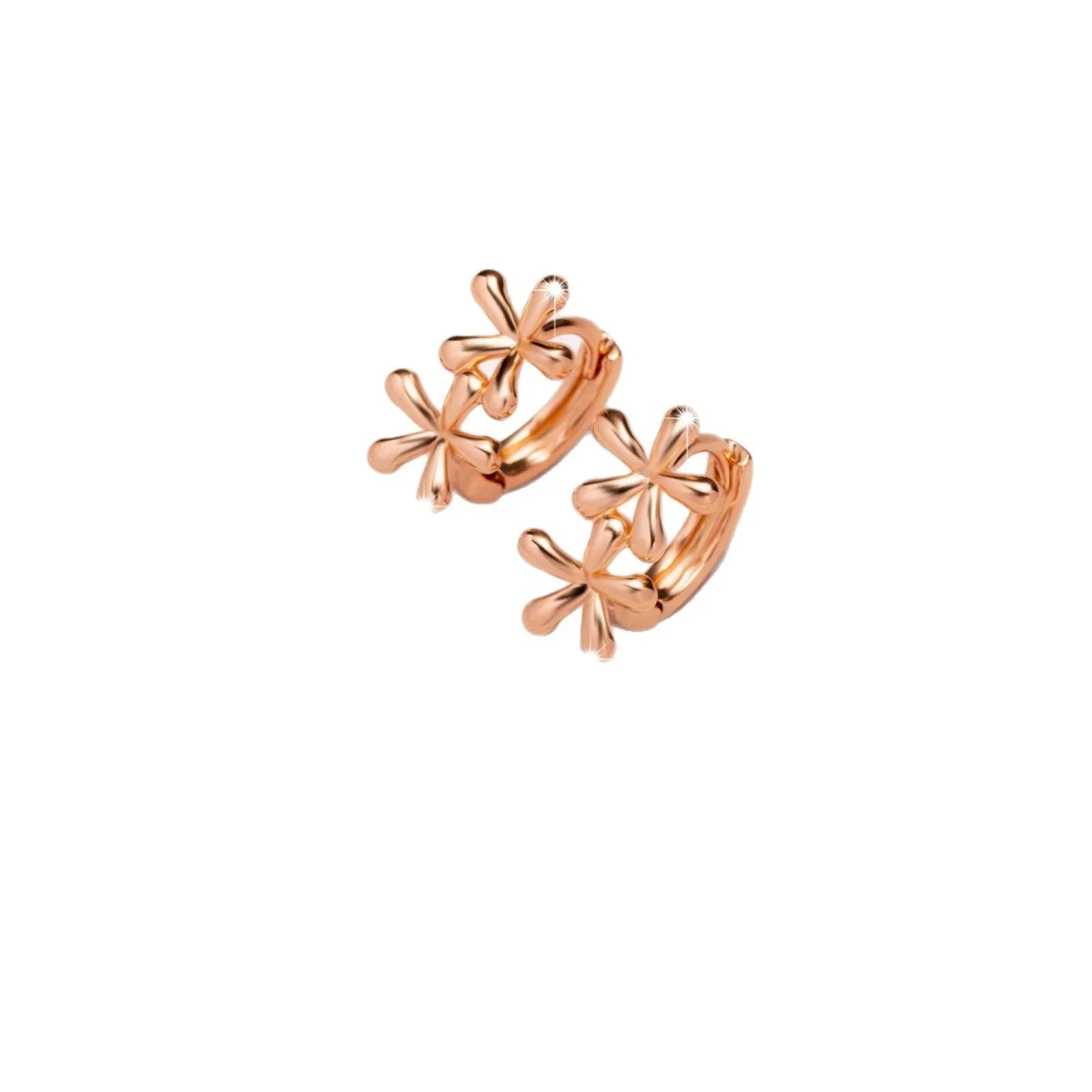 Rose gold coloured circular waterdrop flower earrings with an electroplated finish.