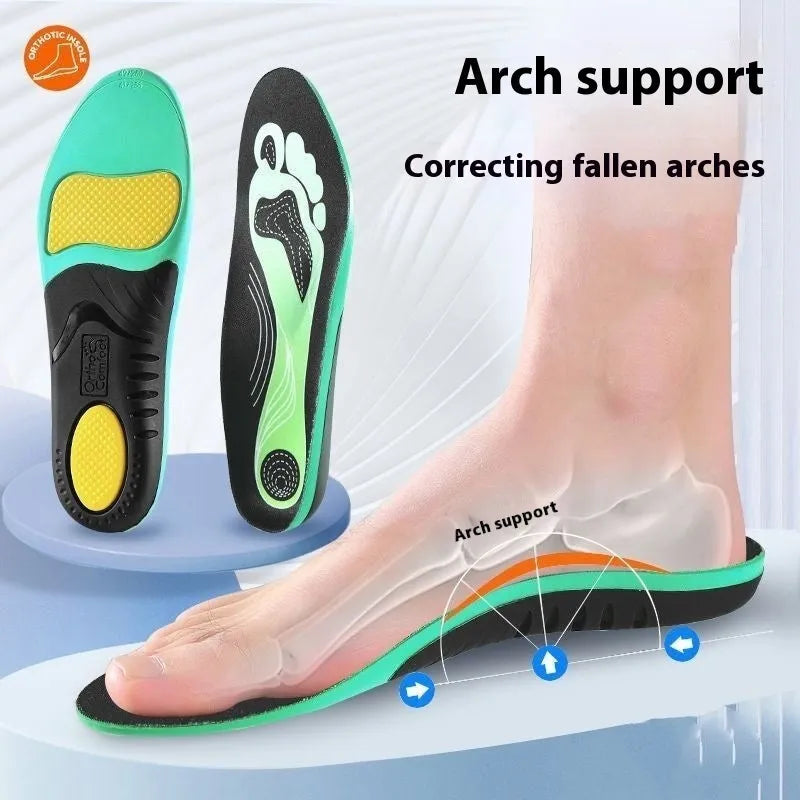 Blue and green flat foot correction instep insoles showing PU construction with unisex design