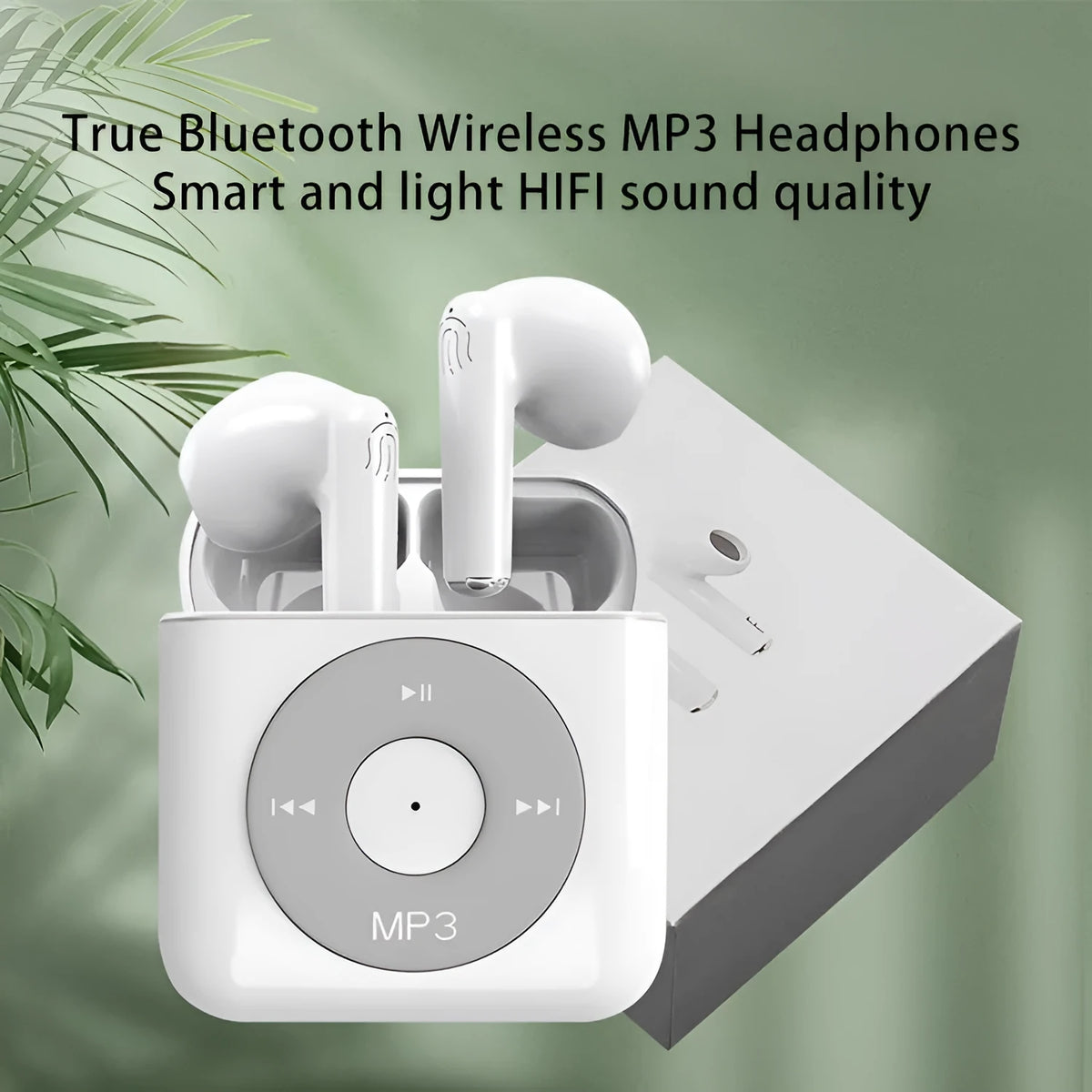 White wireless Bluetooth earphones with a semi-in-ear design and a charging case on a white background.