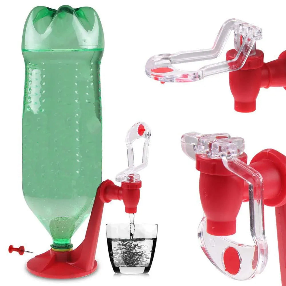 Red plastic Magic Tap soda bottle dispenser attached to a 2-litre bottle.