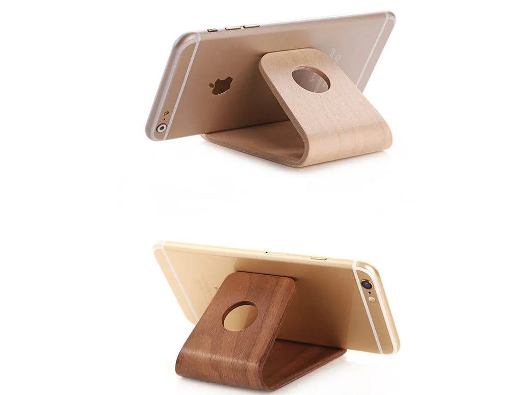 Wooden iPhone stand in walnut or maple finish showing angled bracket design